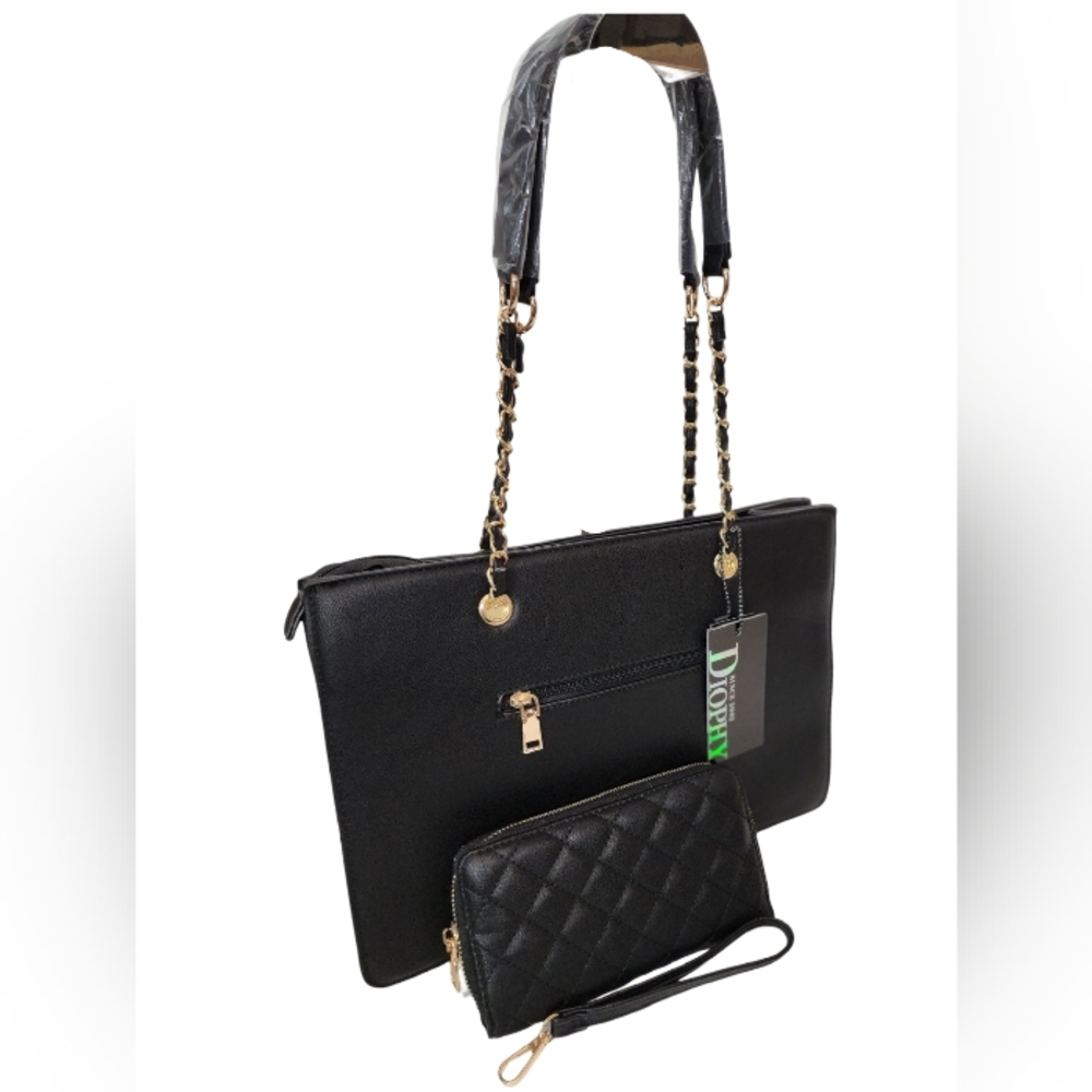 Diophy 2-N-1 Vegan Black Leather Purse with Matching Wallet